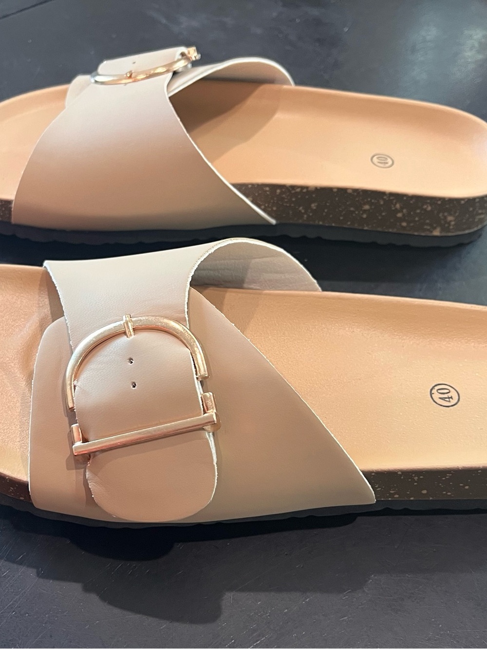 Beige Buckle Slide Sandals for Women